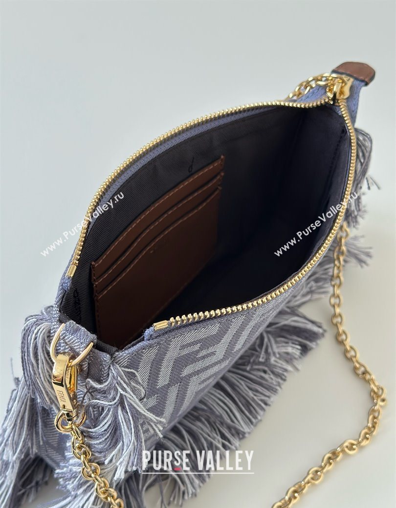 Fendi Baguette Pouch Mini Bag in Blue denim-effect FF jacquard with fringes 2025 073D (CL-250930005)