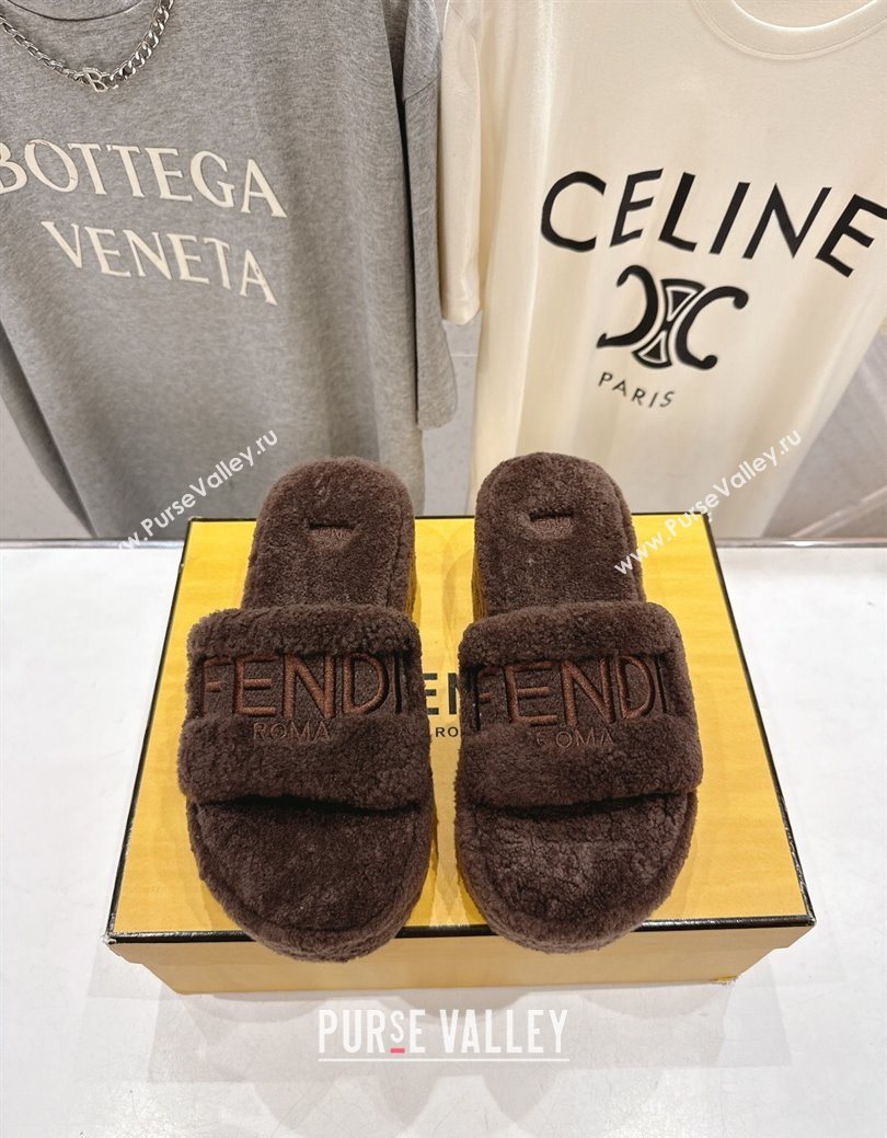 Fendi Sunshine Platform Slides Sandal in Shearling Wool Dark Brown 2025 FE103001 (MD-251030010)