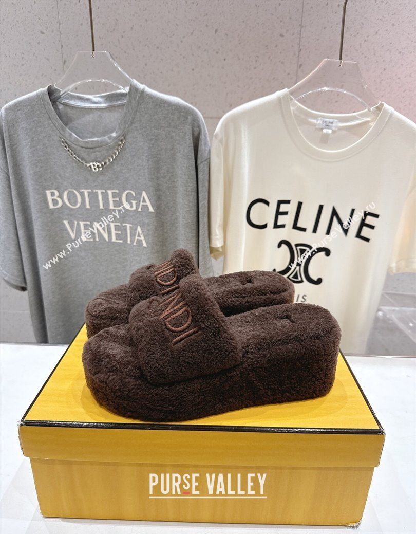 Fendi Sunshine Platform Slides Sandal in Shearling Wool Dark Brown 2025 FE103001 (MD-251030010)