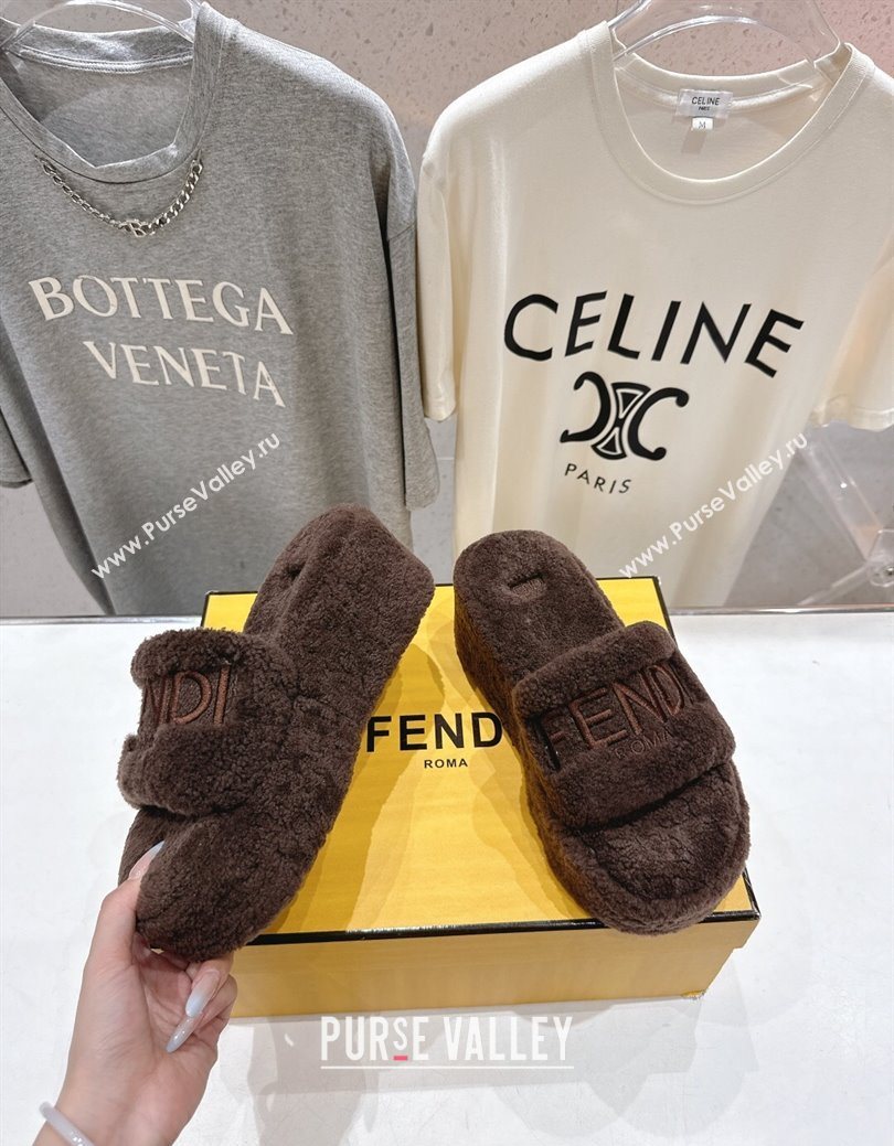Fendi Sunshine Platform Slides Sandal in Shearling Wool Dark Brown 2025 FE103001 (MD-251030010)