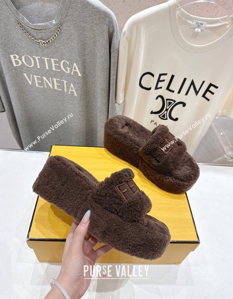 Fendi Sunshine Platform Slides Sandal in Shearling Wool Dark Brown 2025 FE103001 (MD-251030010)