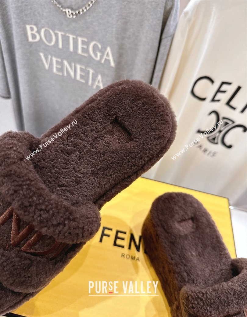 Fendi Sunshine Platform Slides Sandal in Shearling Wool Dark Brown 2025 FE103001 (MD-251030010)