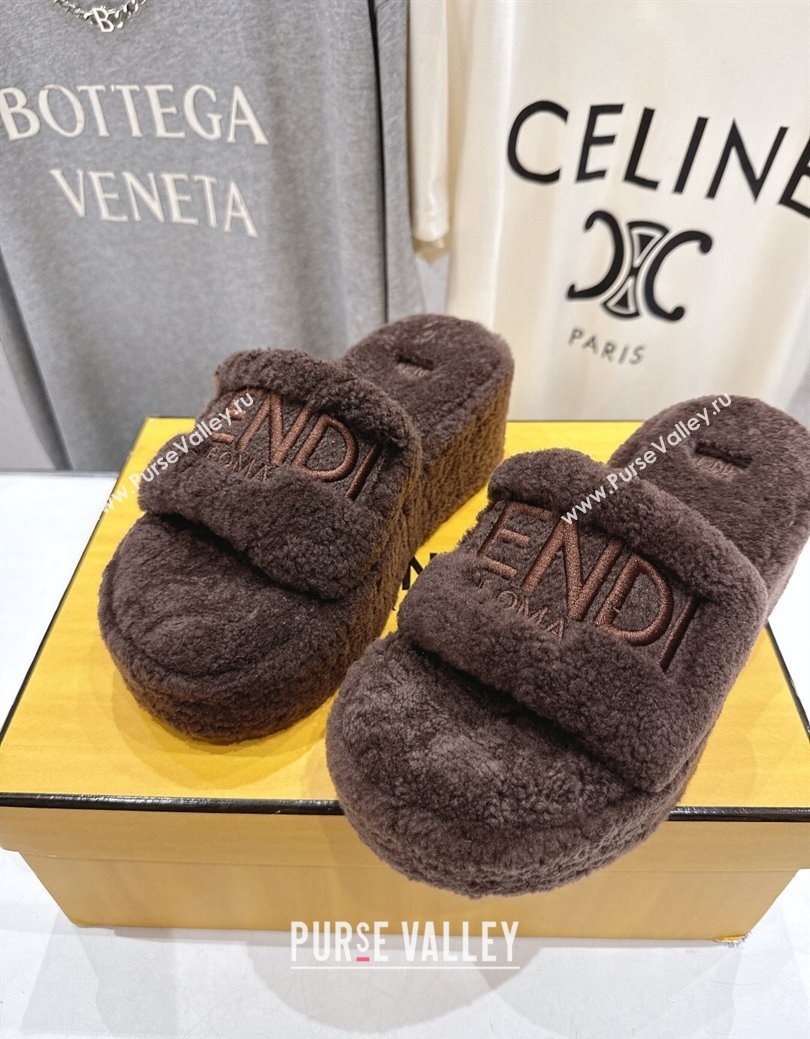 Fendi Sunshine Platform Slides Sandal in Shearling Wool Dark Brown 2025 FE103001 (MD-251030010)