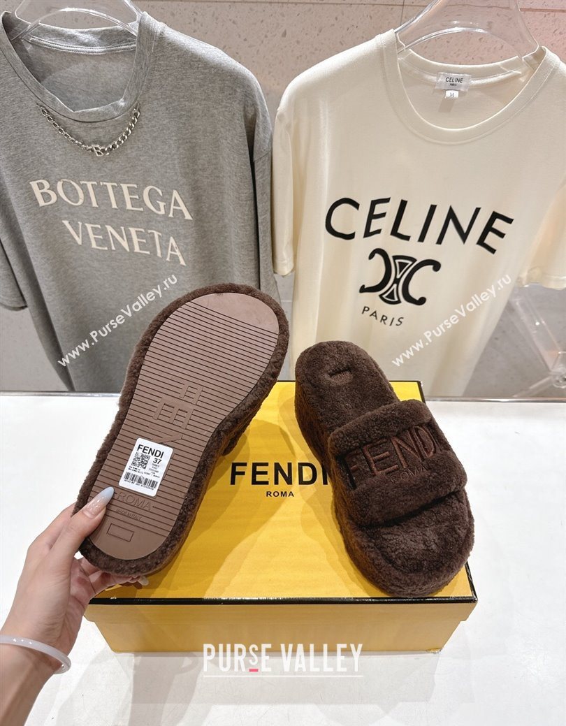 Fendi Sunshine Platform Slides Sandal in Shearling Wool Dark Brown 2025 FE103001 (MD-251030010)