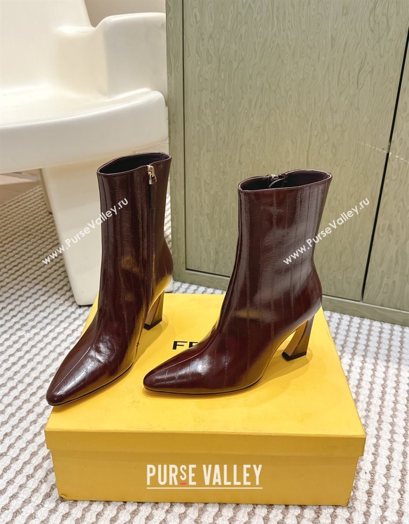 Fendi Arco Heel Ankle Boots 9.5cm in Hagfish Embossed Leather Dark Brown 2025 (MD-251030036)