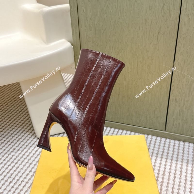 Fendi Arco Heel Ankle Boots 9.5cm in Hagfish Embossed Leather Dark Brown 2025 (MD-251030036)