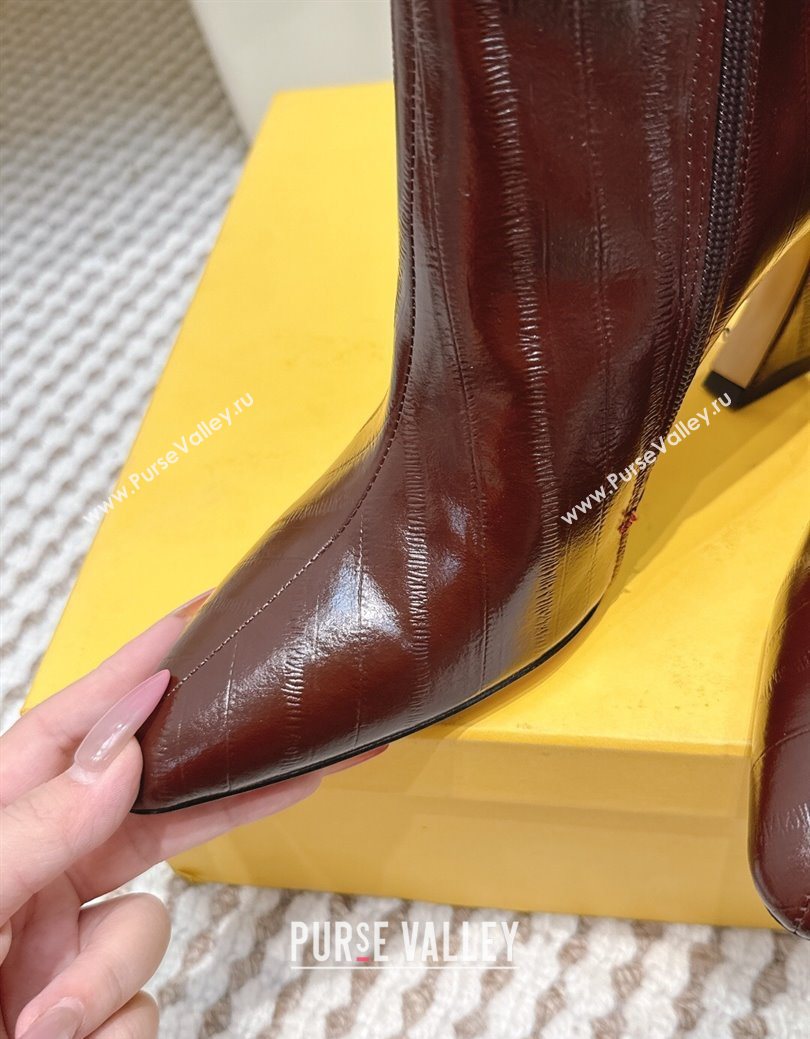Fendi Arco Heel Ankle Boots 9.5cm in Hagfish Embossed Leather Dark Brown 2025 (MD-251030036)