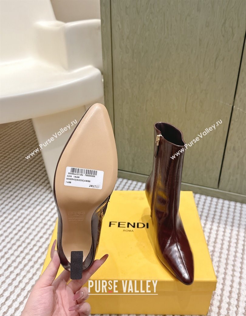 Fendi Arco Heel Ankle Boots 9.5cm in Hagfish Embossed Leather Dark Brown 2025 (MD-251030036)