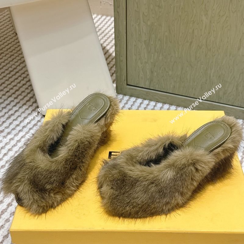 Fendi Arco Wedge Mules 7.5cm in Rabbit Fur Green 2025 (MD-251030002)