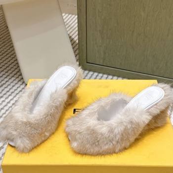 Fendi Arco Wedge Mules 7.5cm in Rabbit Fur White 2025 (MD-251030003)