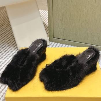 Fendi Arco Wedge Mules 7.5cm in Rabbit Fur Black 2025 (MD-251030004)