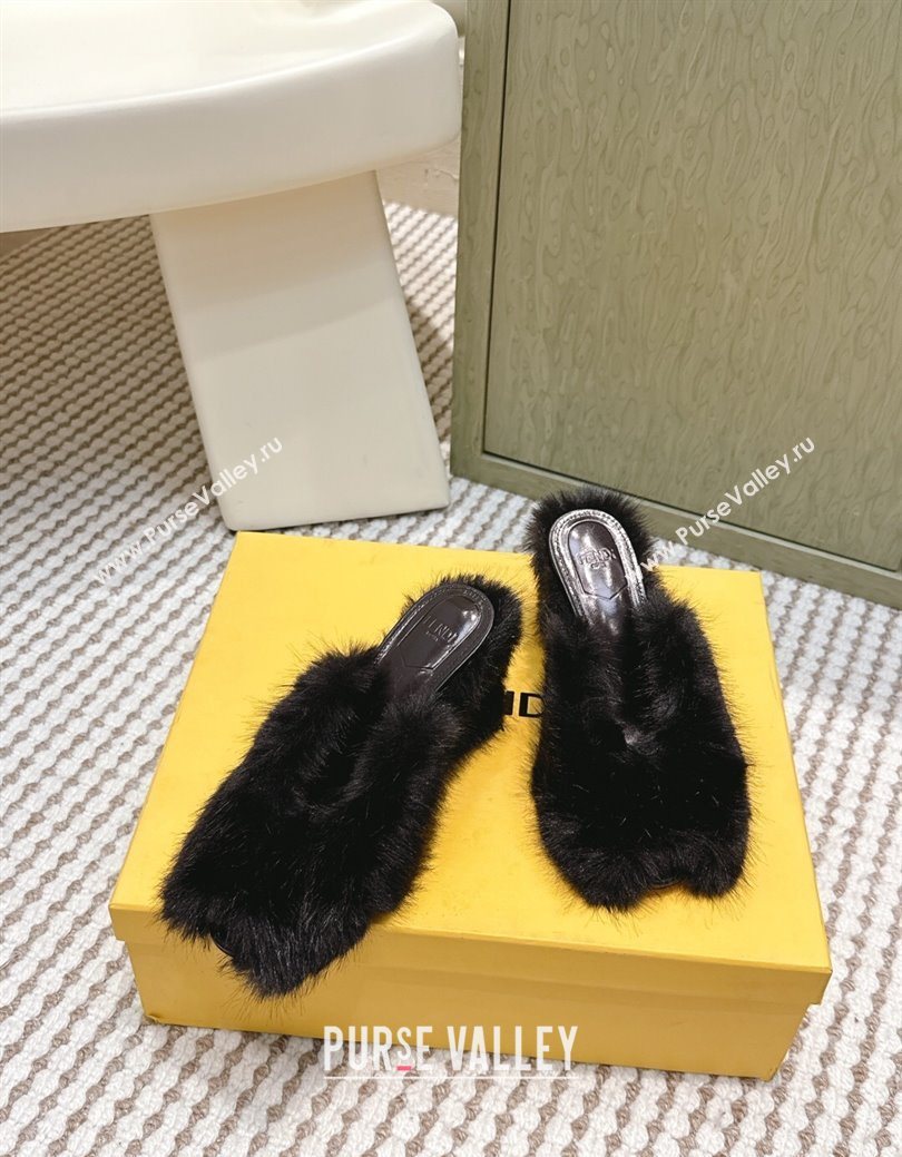 Fendi Arco Wedge Mules 7.5cm in Rabbit Fur Black 2025 (MD-251030004)