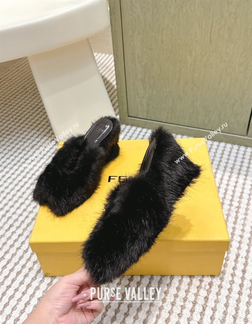 Fendi Arco Wedge Mules 7.5cm in Rabbit Fur Black 2025 (MD-251030004)