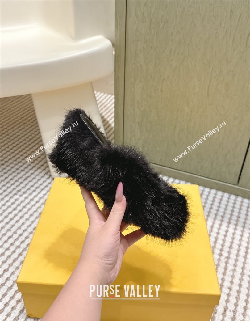 Fendi Arco Wedge Mules 7.5cm in Rabbit Fur Black 2025 (MD-251030004)
