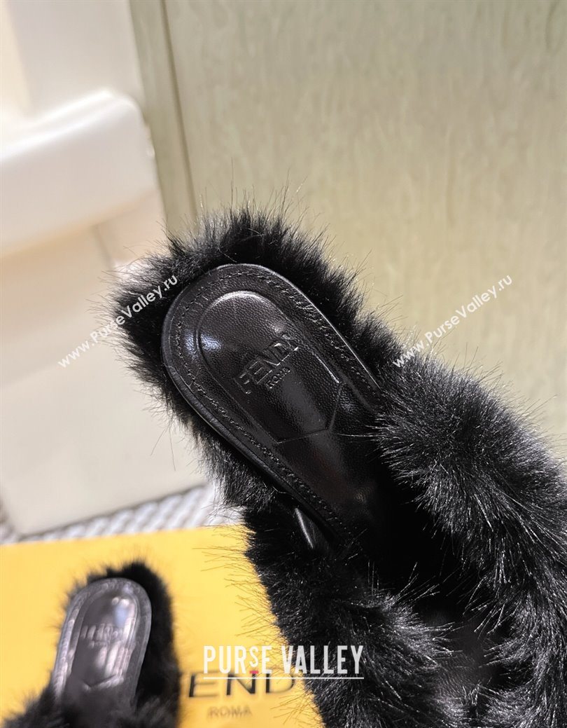 Fendi Arco Wedge Mules 7.5cm in Rabbit Fur Black 2025 (MD-251030004)