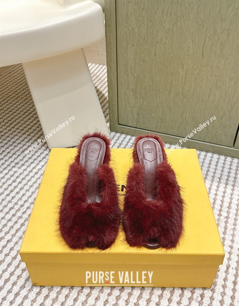 Fendi Arco Wedge Mules 7.5cm in Rabbit Fur Burgundy 2025 (MD-251030005)