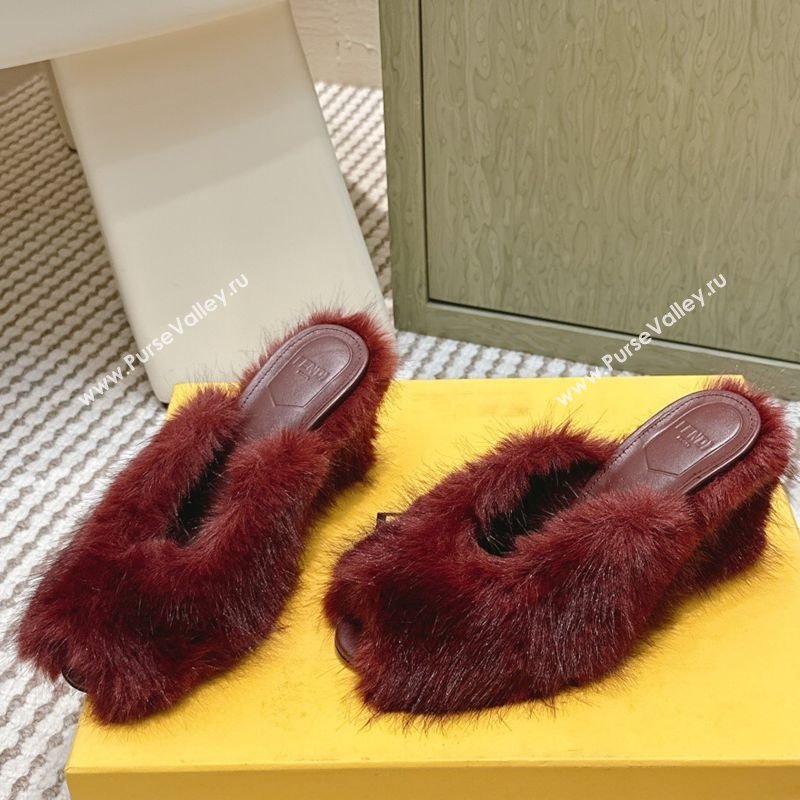 Fendi Arco Wedge Mules 7.5cm in Rabbit Fur Burgundy 2025 (MD-251030005)
