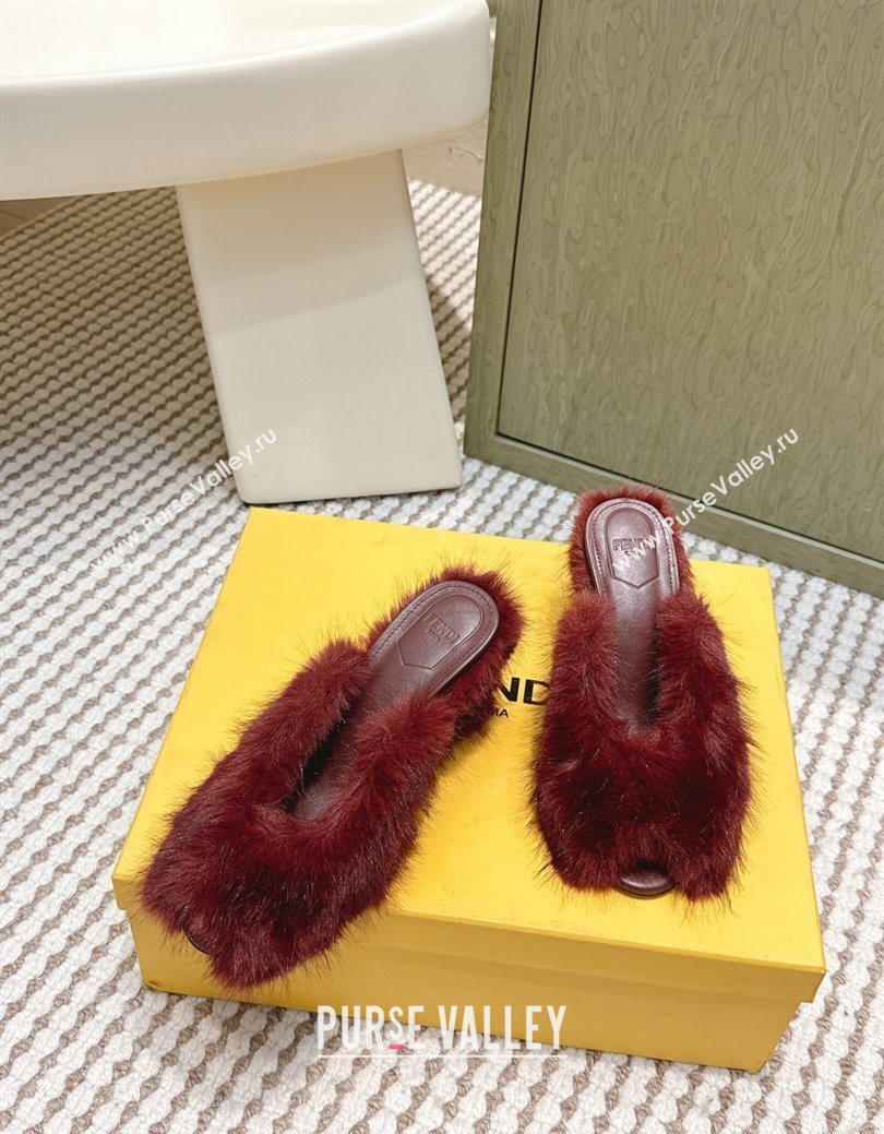 Fendi Arco Wedge Mules 7.5cm in Rabbit Fur Burgundy 2025 (MD-251030005)
