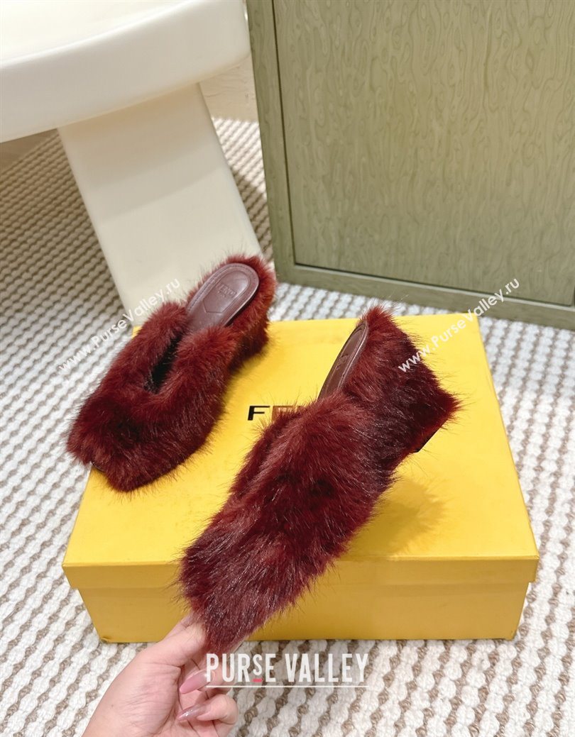 Fendi Arco Wedge Mules 7.5cm in Rabbit Fur Burgundy 2025 (MD-251030005)