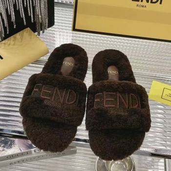 Fendi Flat Slides Sandal in Shearling Wool Dark Brown 2025 FE103002 (MD-251030012)