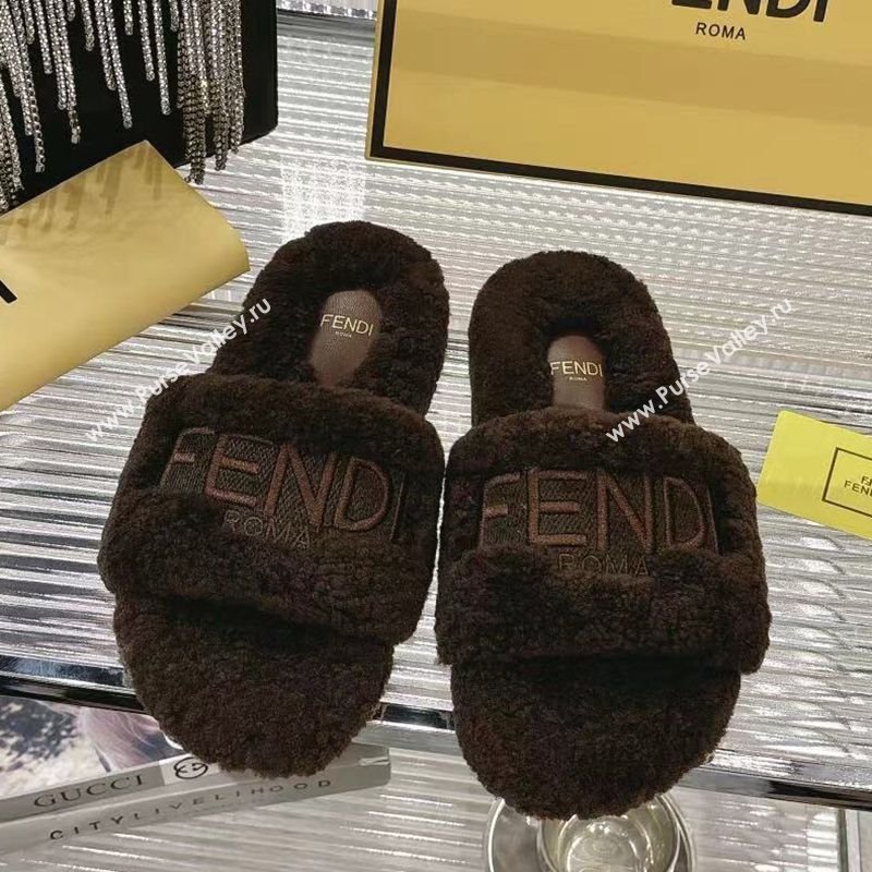 Fendi Flat Slides Sandal in Shearling Wool Dark Brown 2025 FE103002 (MD-251030012)