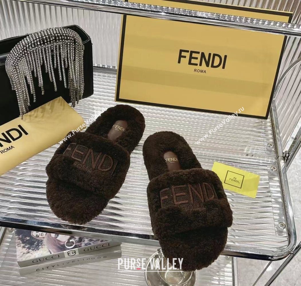 Fendi Flat Slides Sandal in Shearling Wool Dark Brown 2025 FE103002 (MD-251030012)