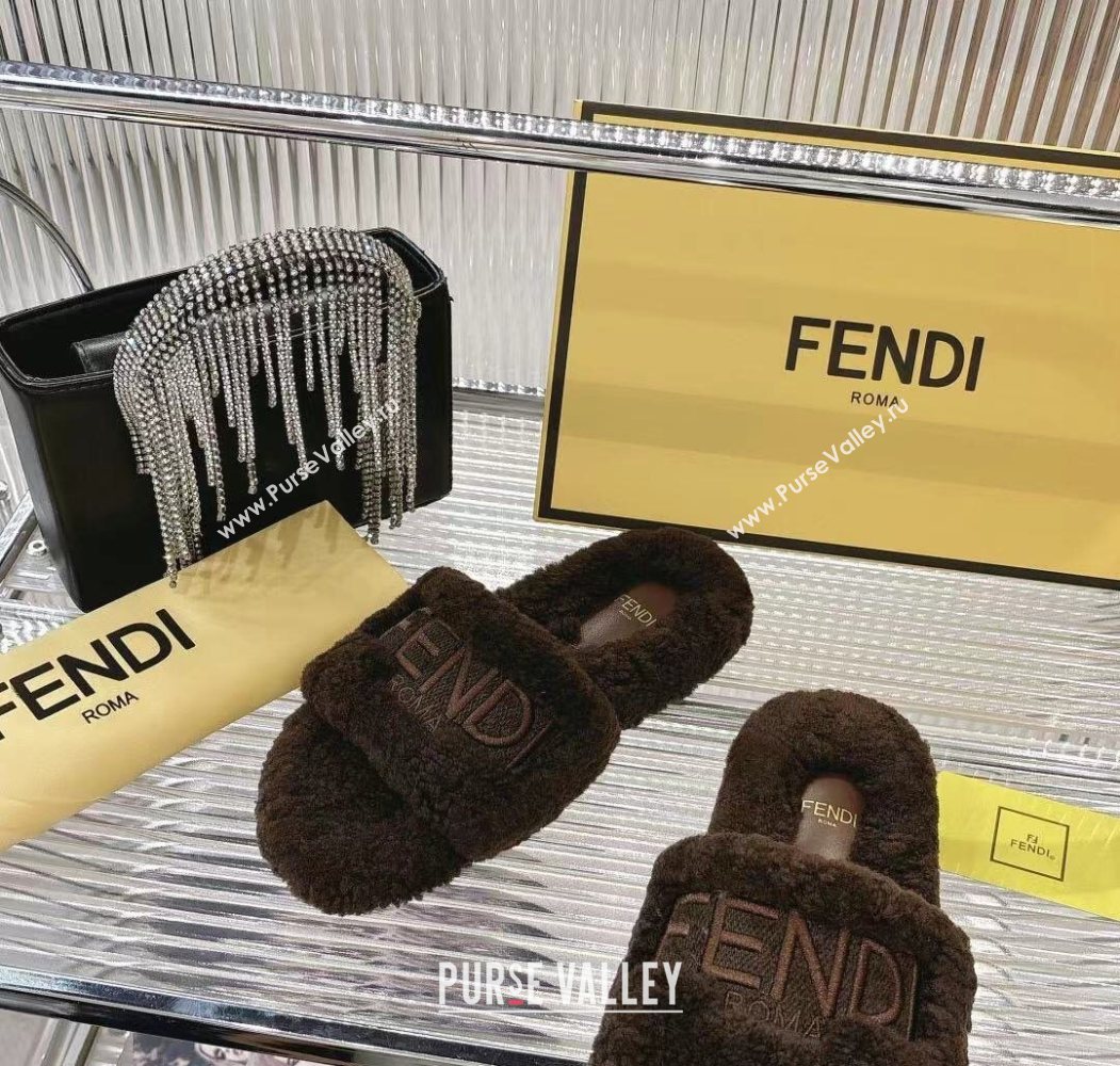 Fendi Flat Slides Sandal in Shearling Wool Dark Brown 2025 FE103002 (MD-251030012)