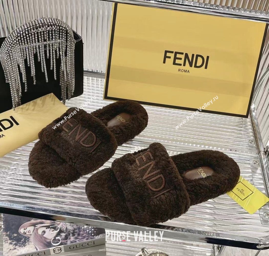 Fendi Flat Slides Sandal in Shearling Wool Dark Brown 2025 FE103002 (MD-251030012)
