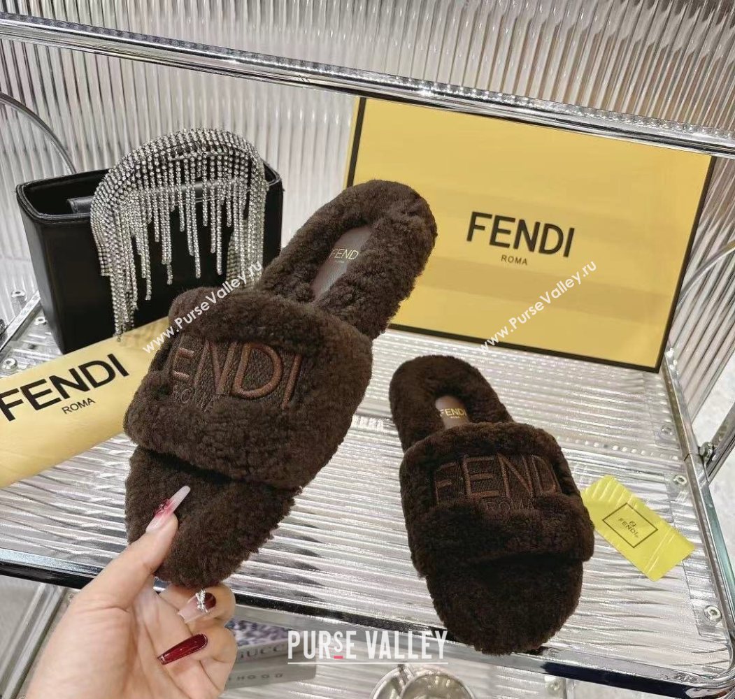 Fendi Flat Slides Sandal in Shearling Wool Dark Brown 2025 FE103002 (MD-251030012)