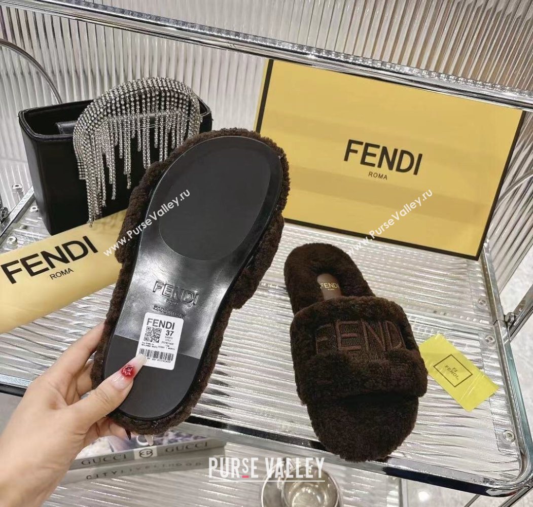 Fendi Flat Slides Sandal in Shearling Wool Dark Brown 2025 FE103002 (MD-251030012)