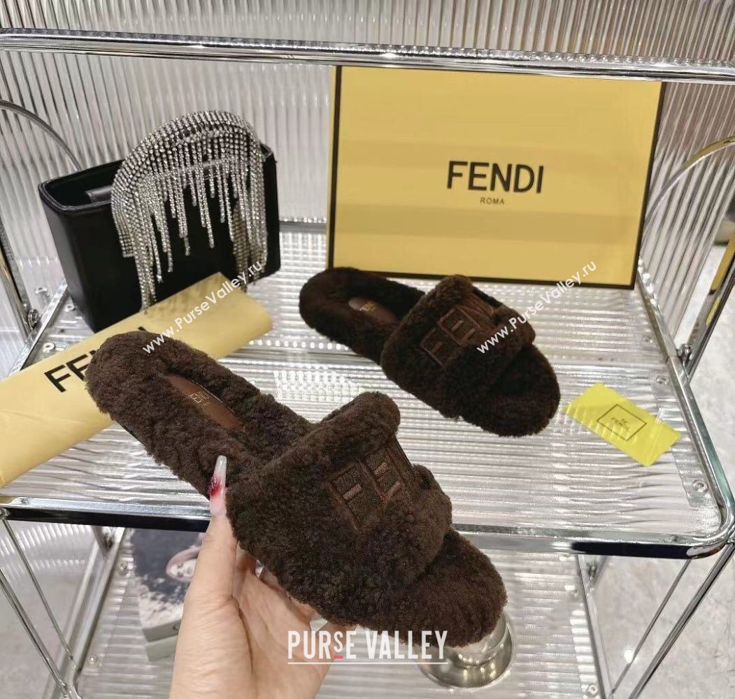 Fendi Flat Slides Sandal in Shearling Wool Dark Brown 2025 FE103002 (MD-251030012)