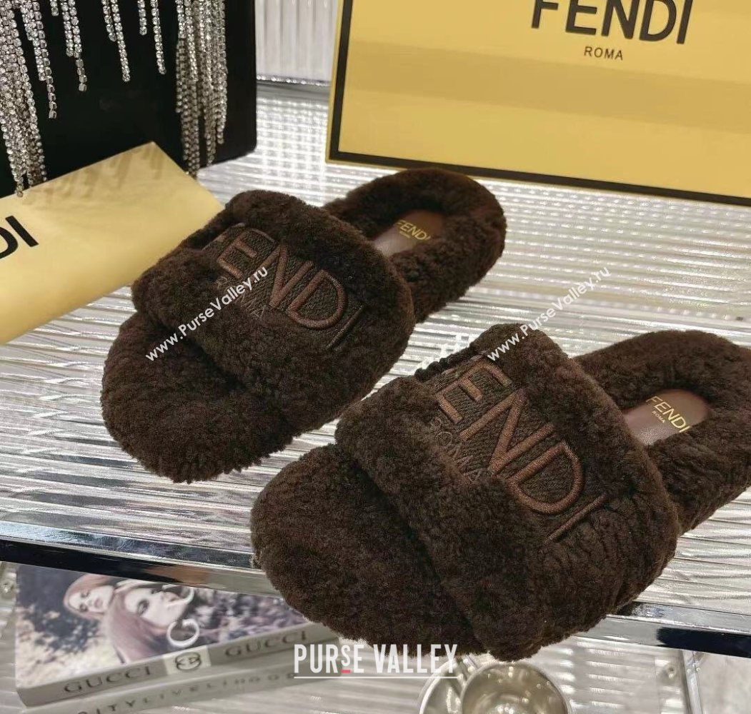 Fendi Flat Slides Sandal in Shearling Wool Dark Brown 2025 FE103002 (MD-251030012)