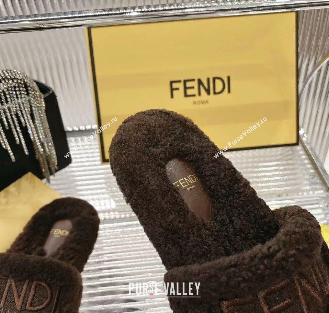 Fendi Flat Slides Sandal in Shearling Wool Dark Brown 2025 FE103002 (MD-251030012)