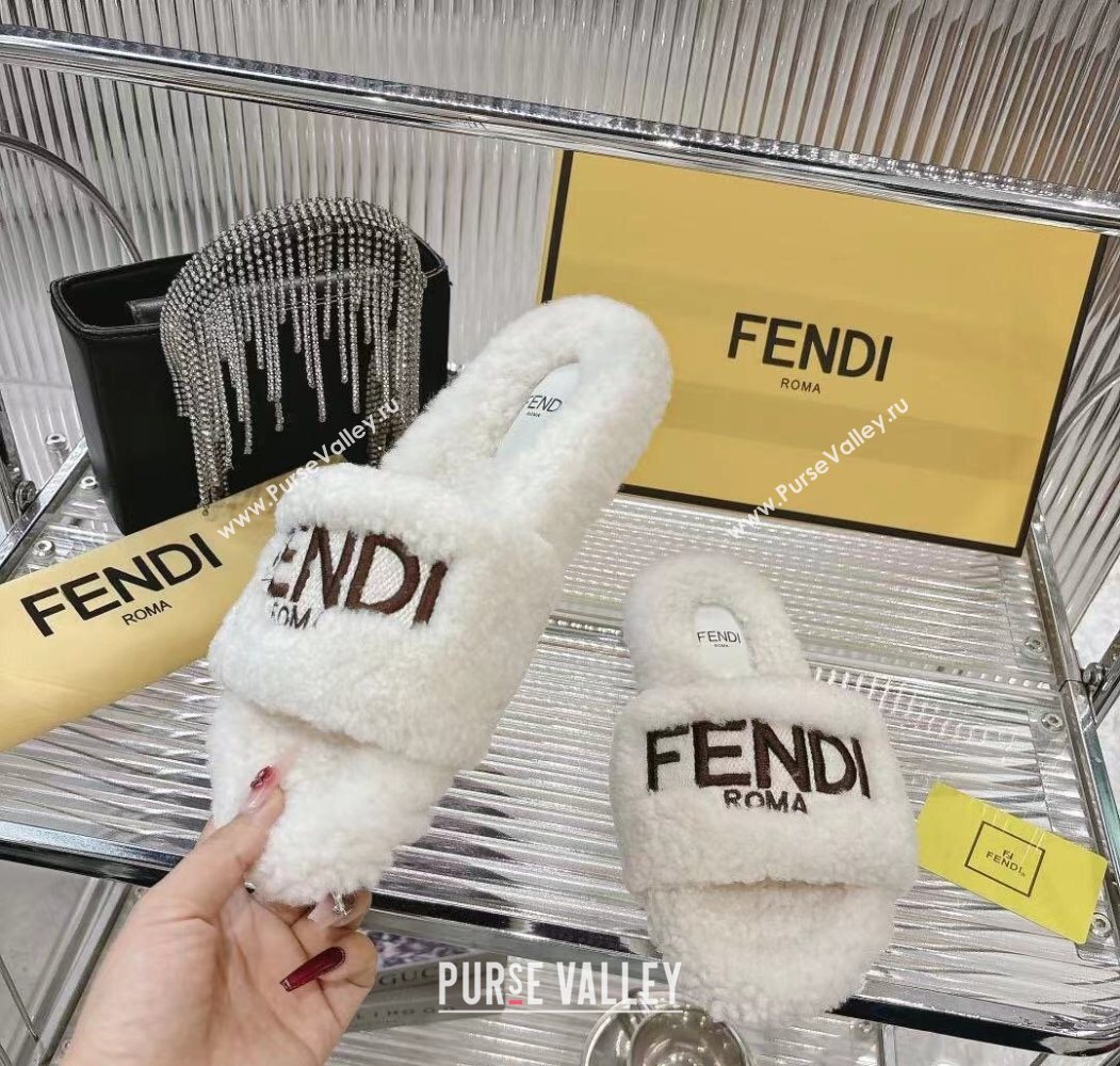 Fendi Flat Slides Sandal in Shearling Wool White 2025 FE103002 (MD-251030013)