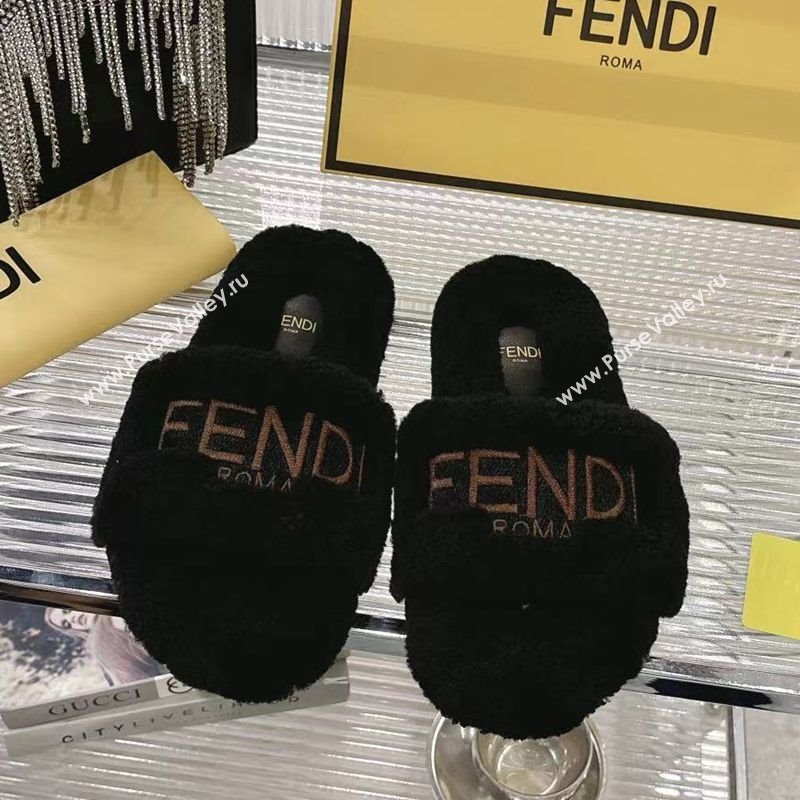 Fendi Flat Slides Sandal in Shearling Wool Black 2025 FE103002 (MD-251030014)