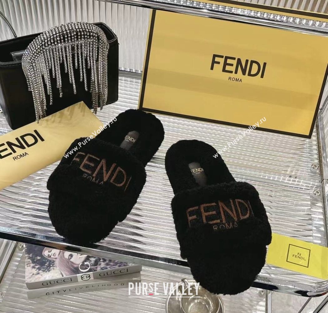 Fendi Flat Slides Sandal in Shearling Wool Black 2025 FE103002 (MD-251030014)