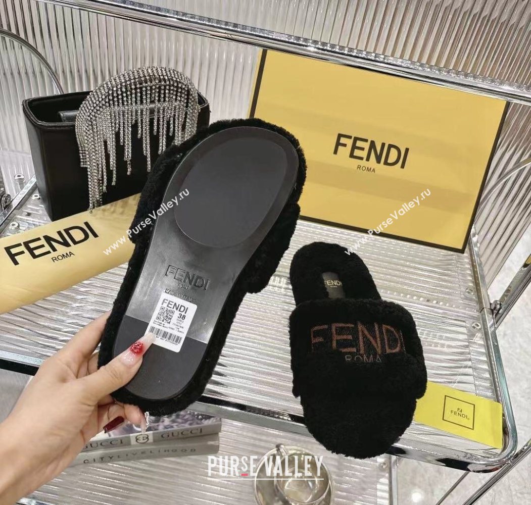 Fendi Flat Slides Sandal in Shearling Wool Black 2025 FE103002 (MD-251030014)