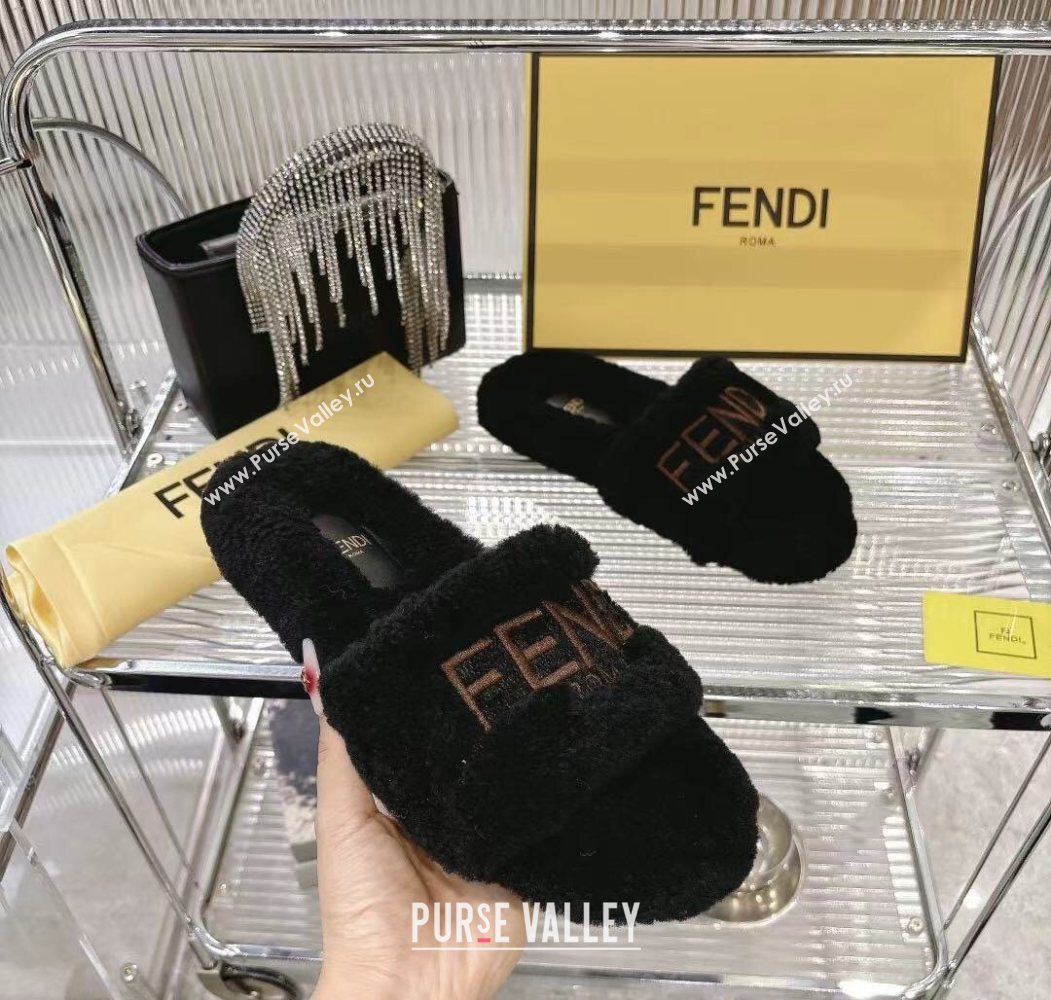 Fendi Flat Slides Sandal in Shearling Wool Black 2025 FE103002 (MD-251030014)