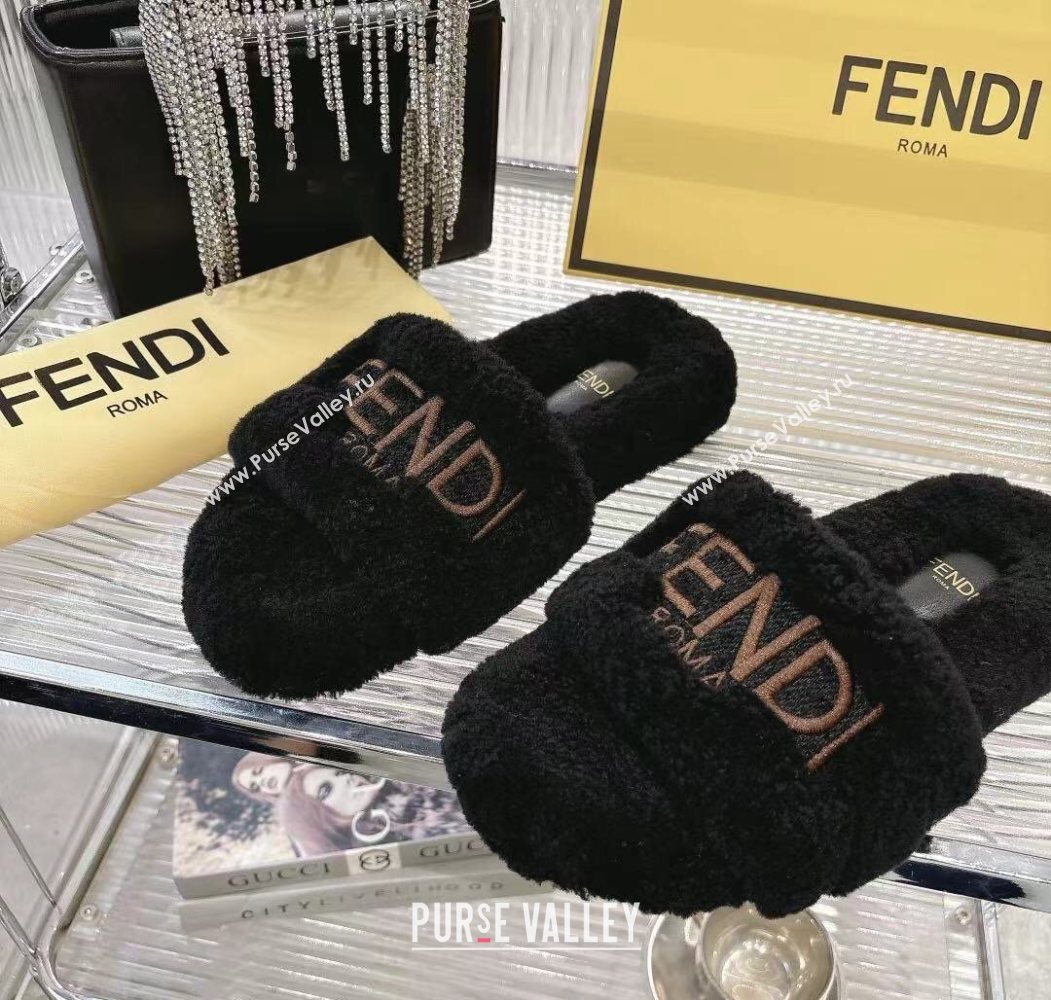 Fendi Flat Slides Sandal in Shearling Wool Black 2025 FE103002 (MD-251030014)