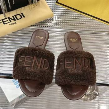 Fendi Flat Slides Sandal in Shearling Wool Dark Brown 2025 FE103003 (MD-251030015)