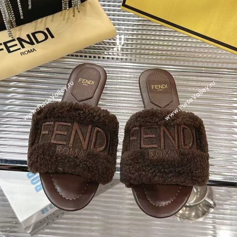Fendi Flat Slides Sandal in Shearling Wool Dark Brown 2025 FE103003 (MD-251030015)