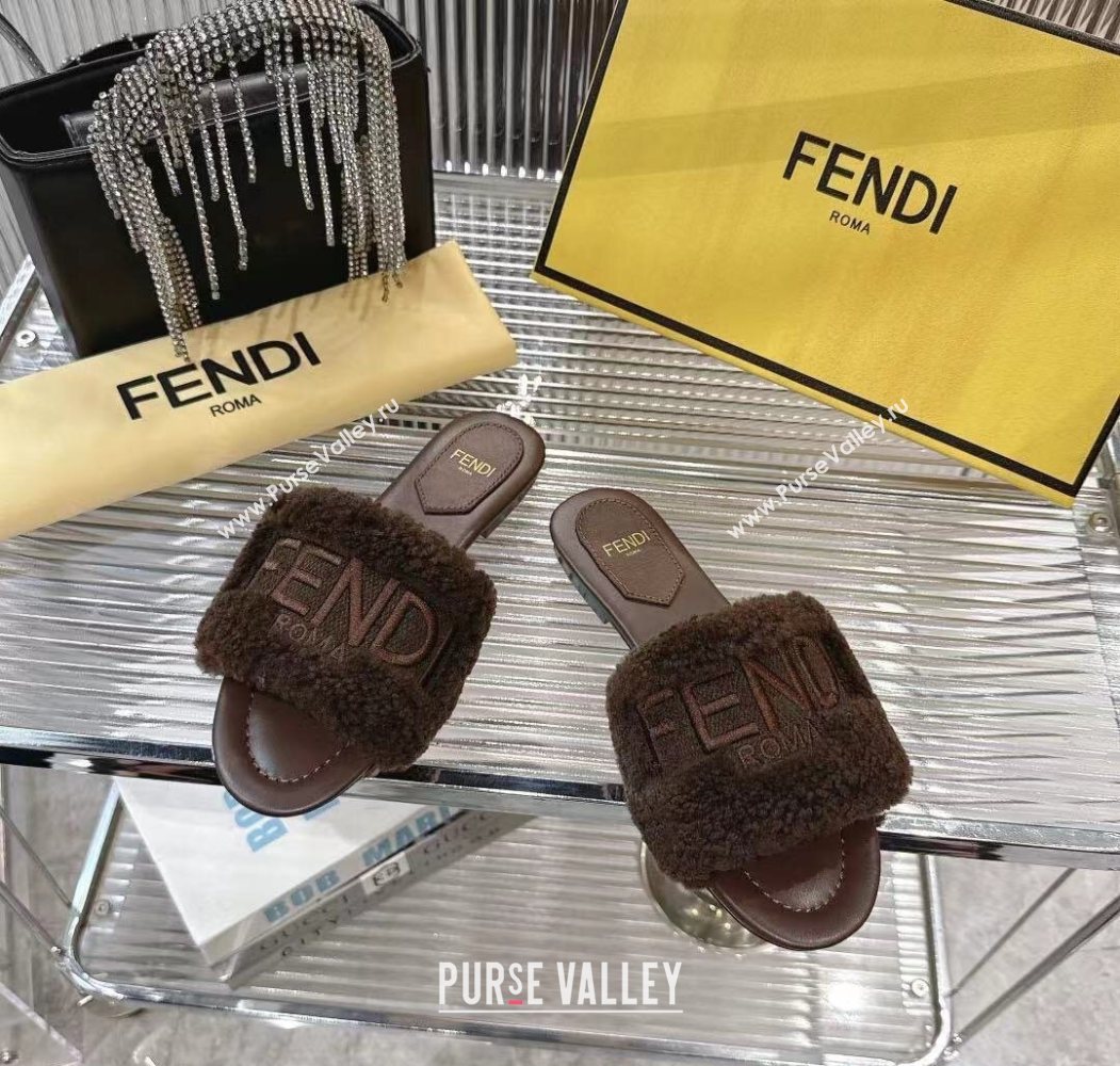 Fendi Flat Slides Sandal in Shearling Wool Dark Brown 2025 FE103003 (MD-251030015)