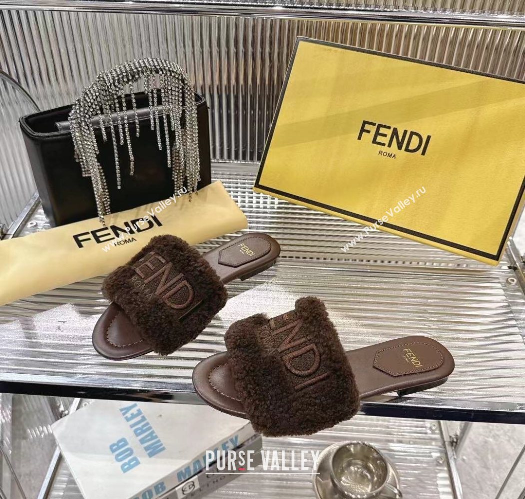 Fendi Flat Slides Sandal in Shearling Wool Dark Brown 2025 FE103003 (MD-251030015)