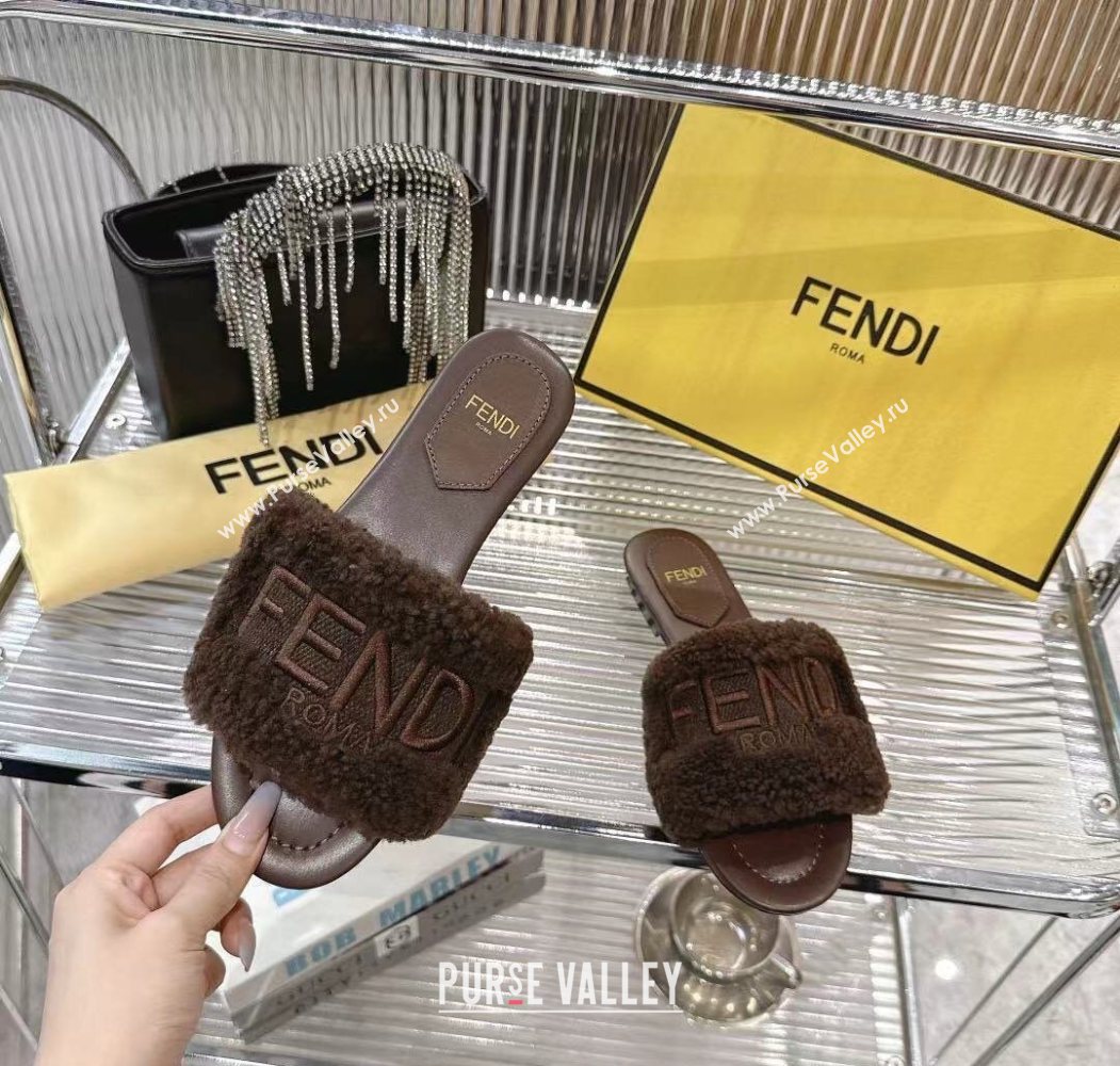 Fendi Flat Slides Sandal in Shearling Wool Dark Brown 2025 FE103003 (MD-251030015)