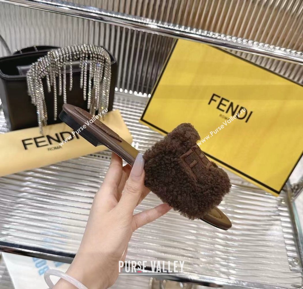 Fendi Flat Slides Sandal in Shearling Wool Dark Brown 2025 FE103003 (MD-251030015)