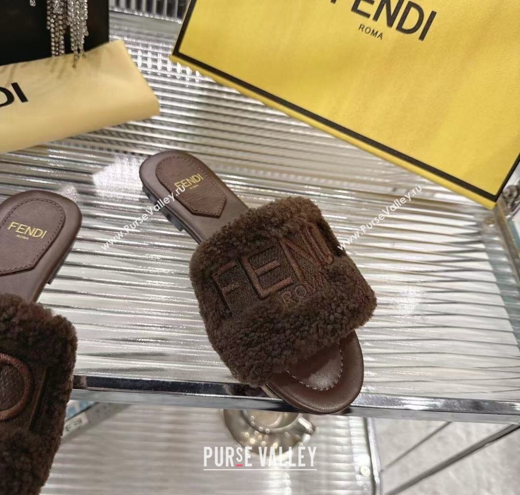 Fendi Flat Slides Sandal in Shearling Wool Dark Brown 2025 FE103003 (MD-251030015)