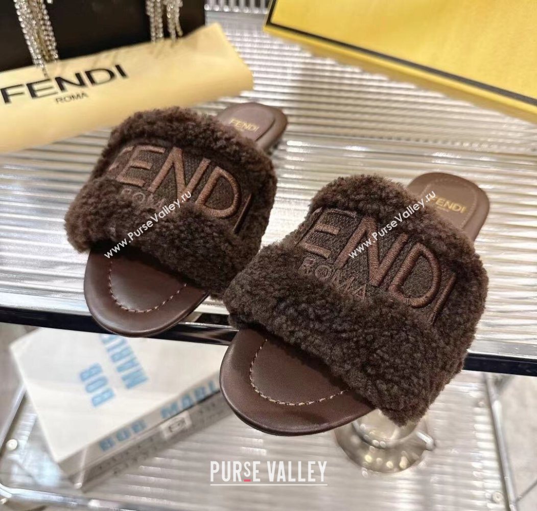 Fendi Flat Slides Sandal in Shearling Wool Dark Brown 2025 FE103003 (MD-251030015)