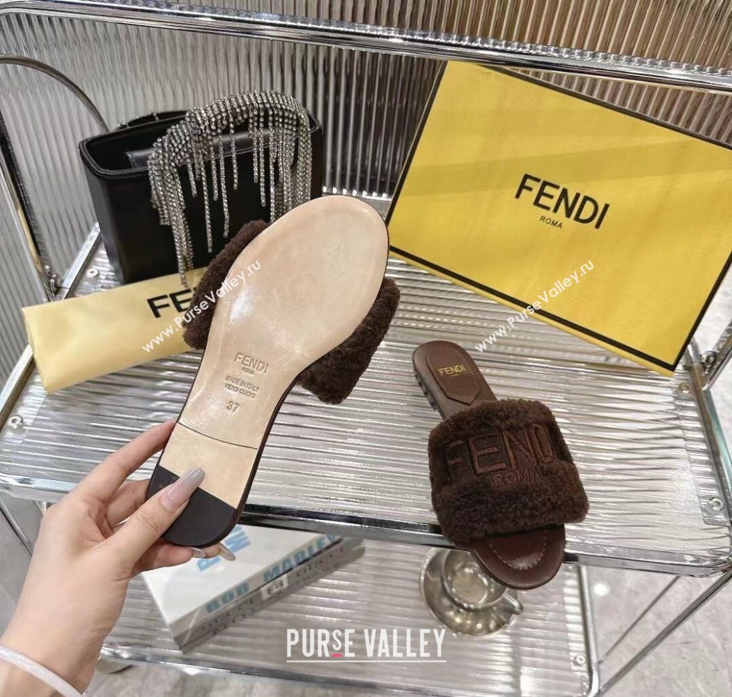 Fendi Flat Slides Sandal in Shearling Wool Dark Brown 2025 FE103003 (MD-251030015)