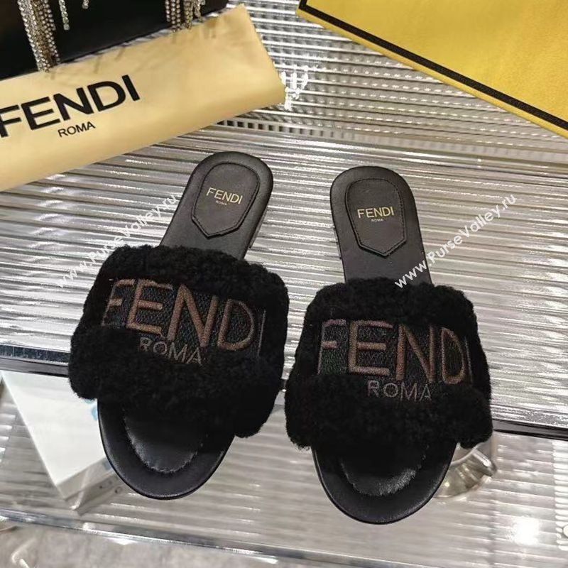 Fendi Flat Slides Sandal in Shearling Wool Black 2025 FE103003 (MD-251030017)