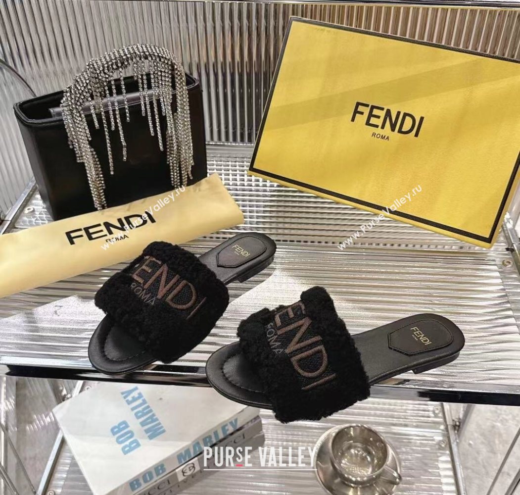 Fendi Flat Slides Sandal in Shearling Wool Black 2025 FE103003 (MD-251030017)